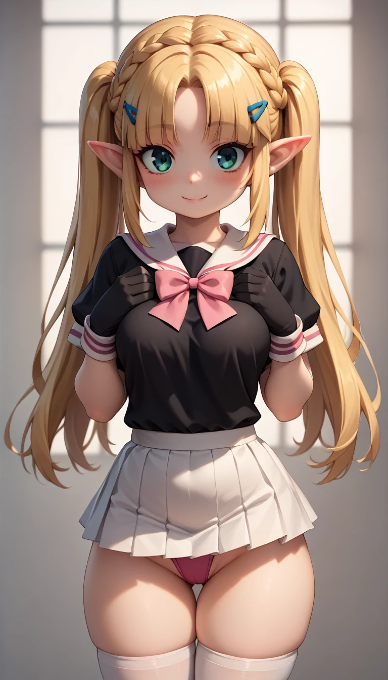 High resolution, Very detailed, perfect lighting, beautiful detailed eyes, ((masterpiece,Best Quality)), absurdities, alone, princess zelda, by the width, crown braid, Hair clip, pointy ears, Gloves without fingers, black gloves, smile, curves, nod, , deep neckline, deep neckline, black school uniform with white details,short white skirt, visible underwear, pink thong, black uniform, black shirt with pink bow, touching her breasts in a sexy way, close up, black fur, close up, pigtails with bangs, pigtails with bangs, touching her breasts in a sexy way, teal eyes, close up, fringe hairstyle, WHITE SOCKS, pigtails with fringe