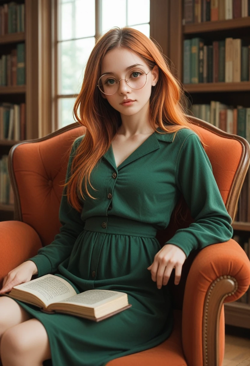 Red-haired girl with long hair, wearing green clothes and round glasses, sitting in an armchair in the library against the backdrop of a bookshelf, book roots red, green, orange and brown colors, armchair is soft and comfortable, girl looks into a book, light evening, Season: autumn