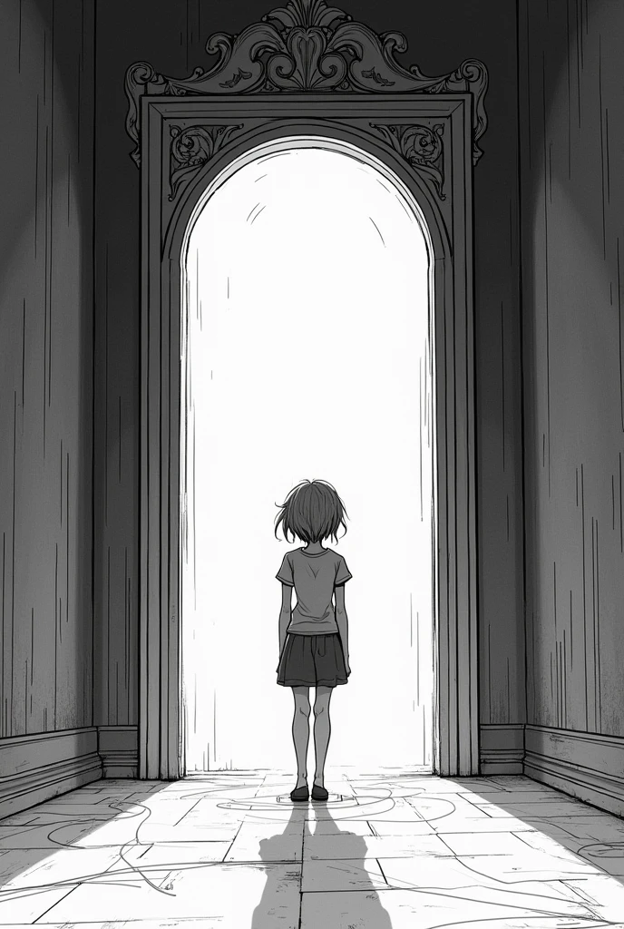 A black and white line drawing, wide shot (Wide shot):** Mint looked up at the door with hesitation.
