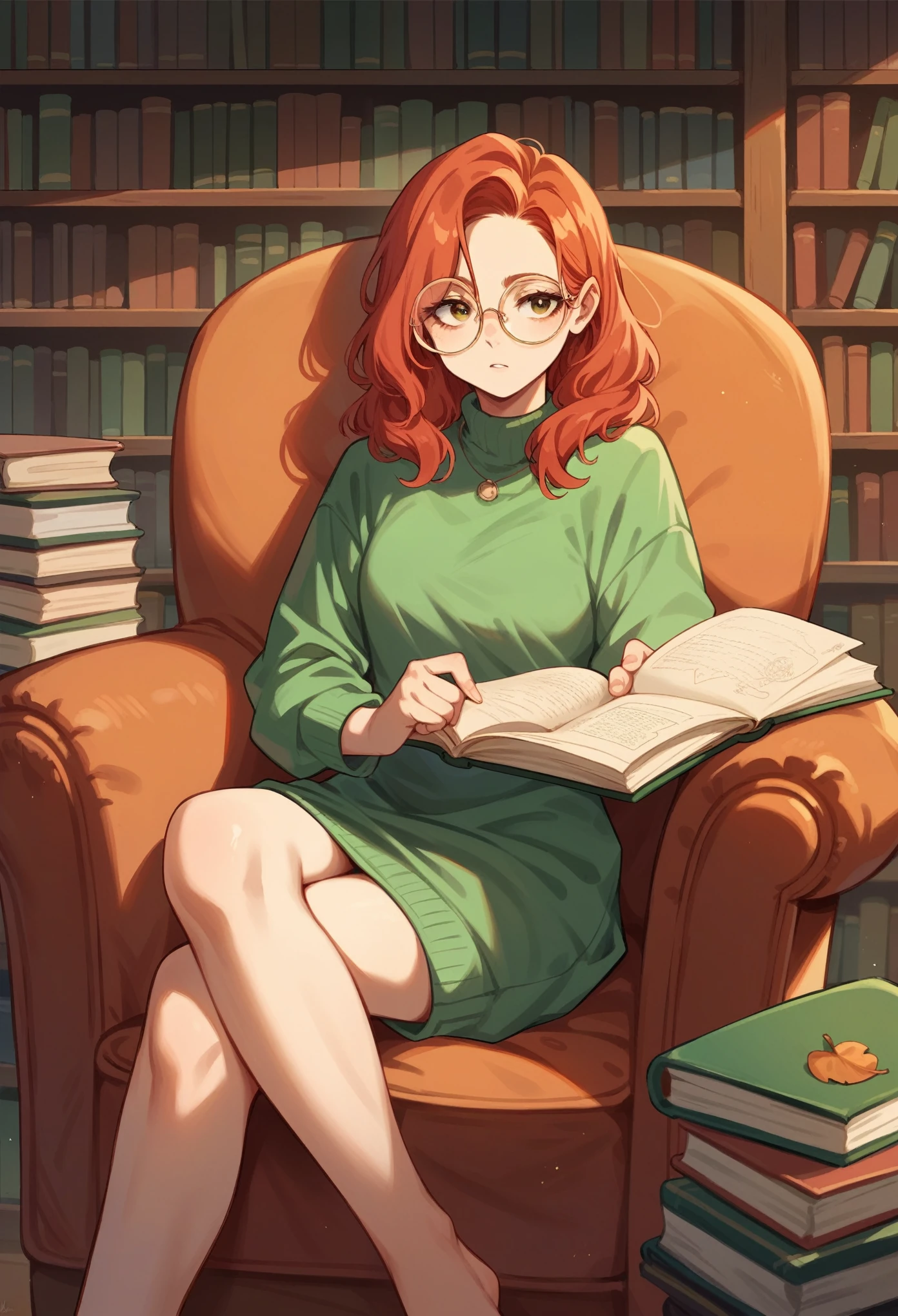 Red-haired girl in green clothes and round glasses, sitting in an armchair in the library against the backdrop of a bookshelf, book roots red, green, orange and brown colors, armchair is soft and comfortable, girl looks into a book, light evening, Season: autumn