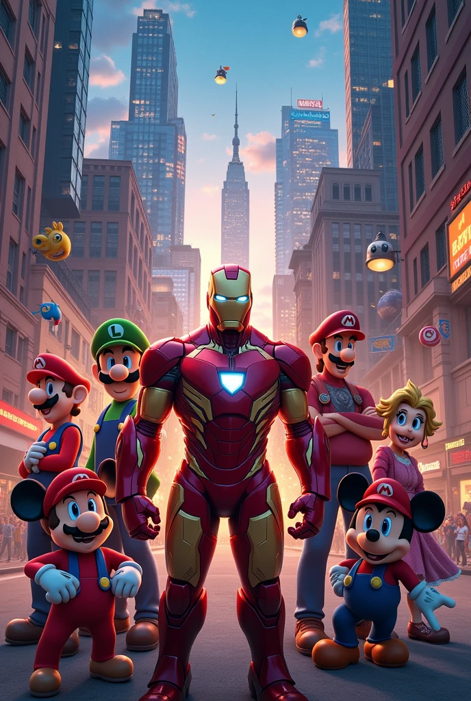 Imagine a cover with many characters, it could have Marvel characters, Mario Bros, Mickey Mouse, all the possible known characters. Ultra realistic., ultra detailed, 8k, Good light