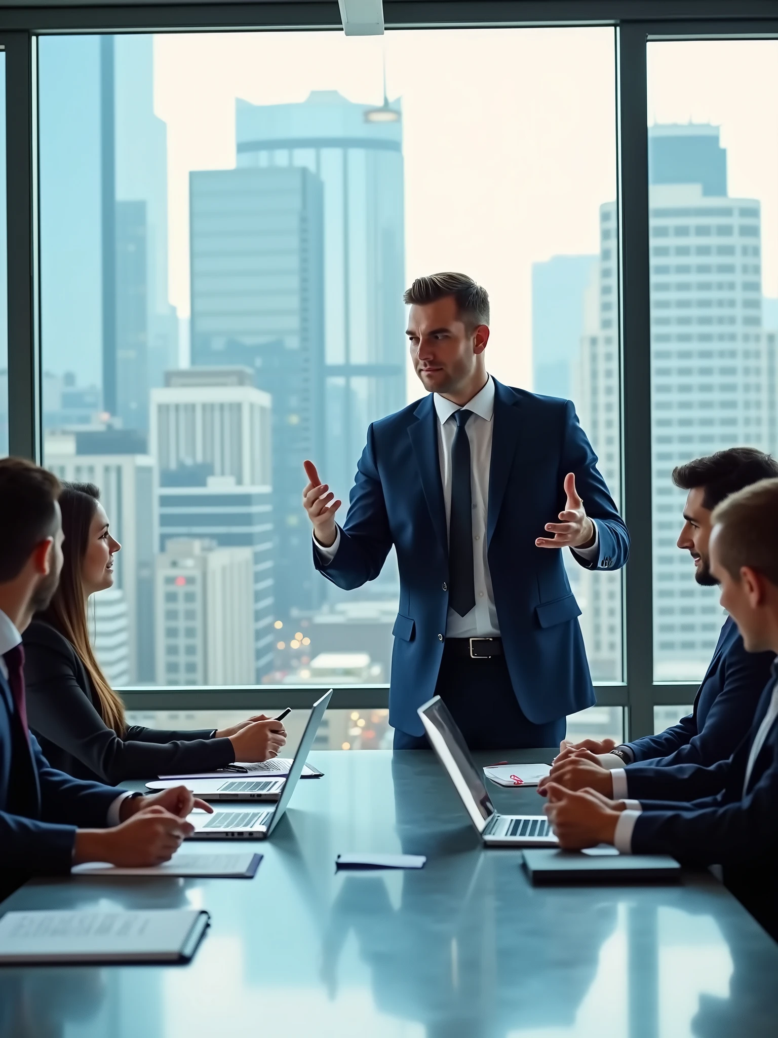 A business man at a meeting desk discussing with his employees