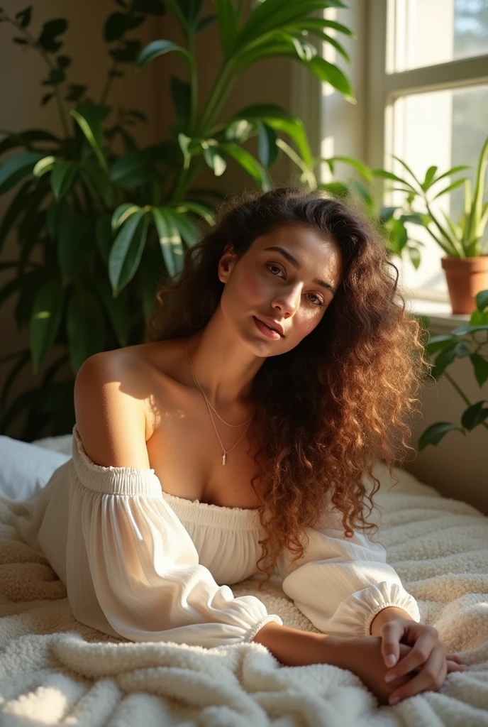 beautiful woman, sitting on bed, wearing loose off-shoulder top, long curly hair, indoors, soft lighting, plants in background, window with sunlight, cozy room, relaxed pose, realistic, intricate details, warm colors, without pants