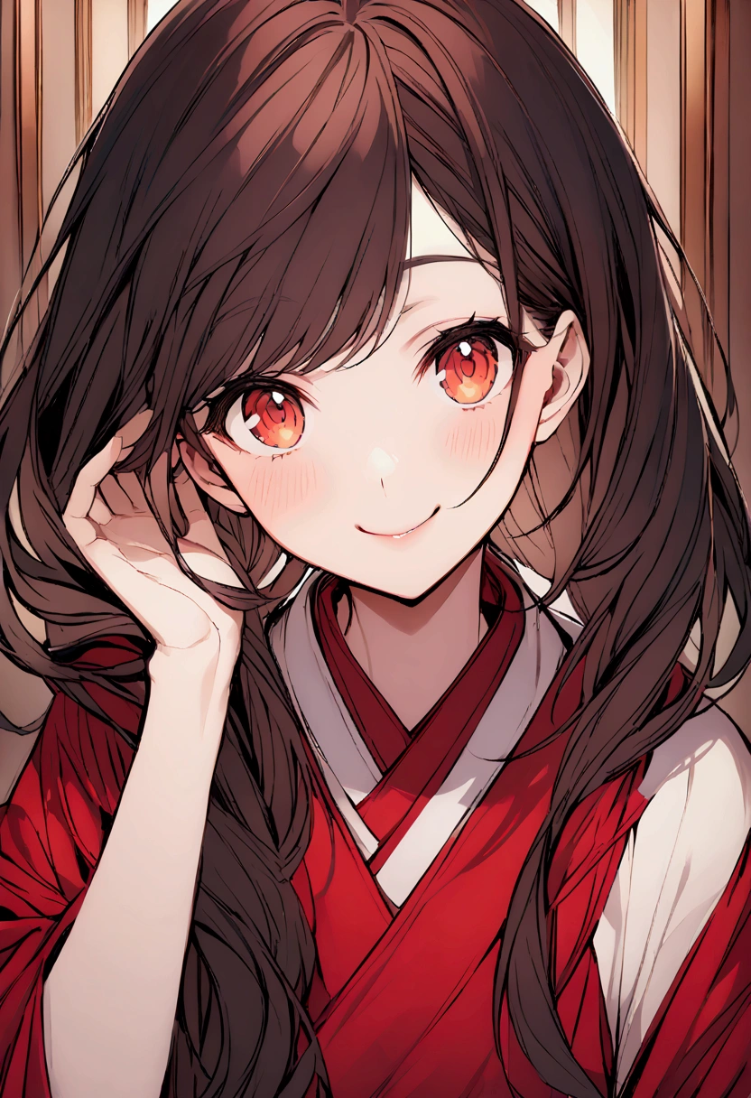 Rin walking at the hall while facing the viewer and hand at the cheek sweep the hair. Smiling to viewer