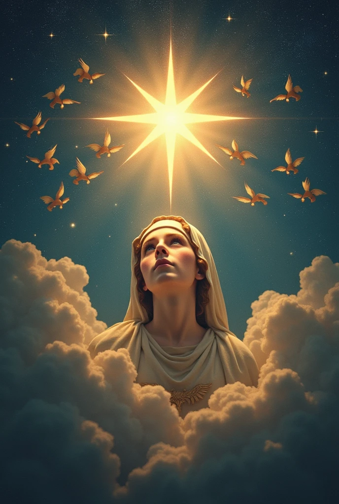 Mary mother of Jesus illuminated sky star with several angels 