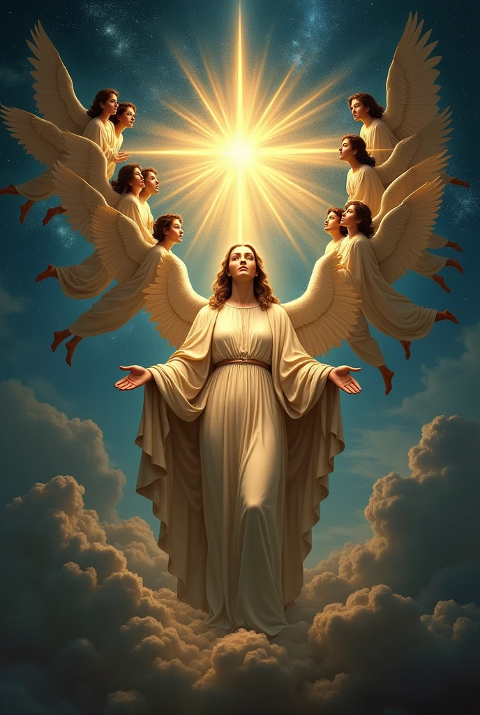 Mary mother of Jesus illuminated sky star with several angels