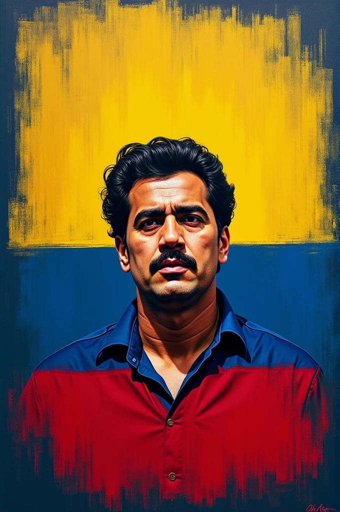 Create a flag with a blue border and the rest with the colors of Colombia, and Pablo Escobar in the middle