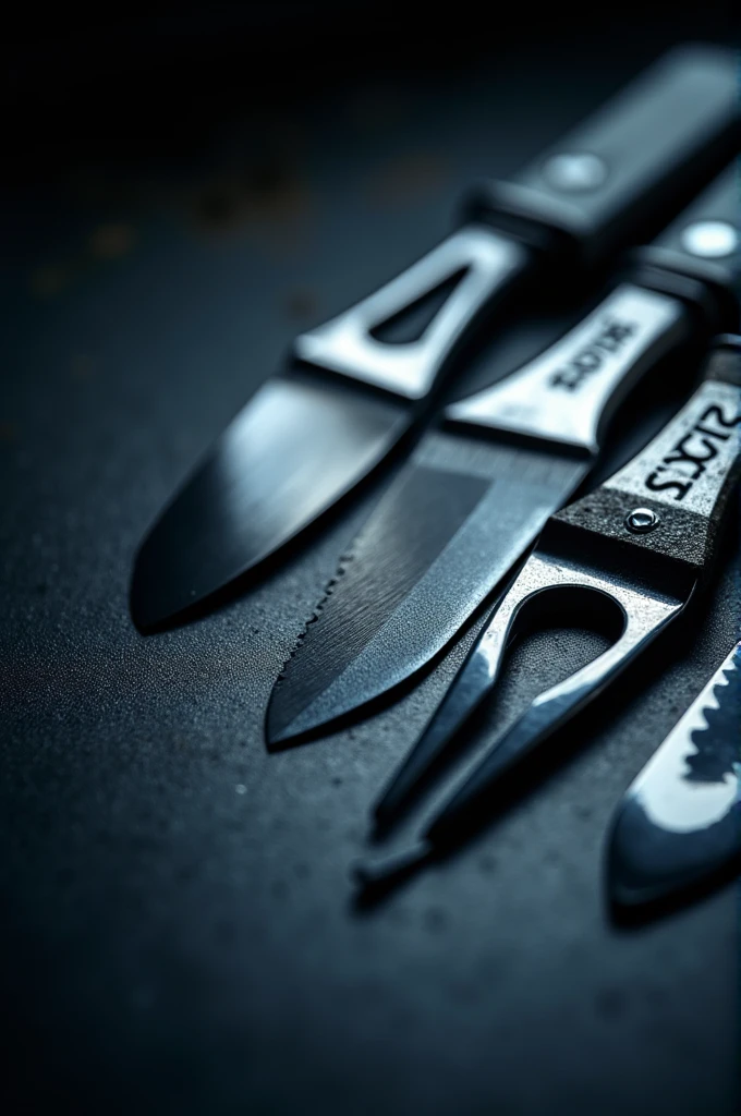 Multiple cutting tools. Image background with dark colors preferably blue and gray. Chromed and clean tools showing that a SHARPENING service was done on them