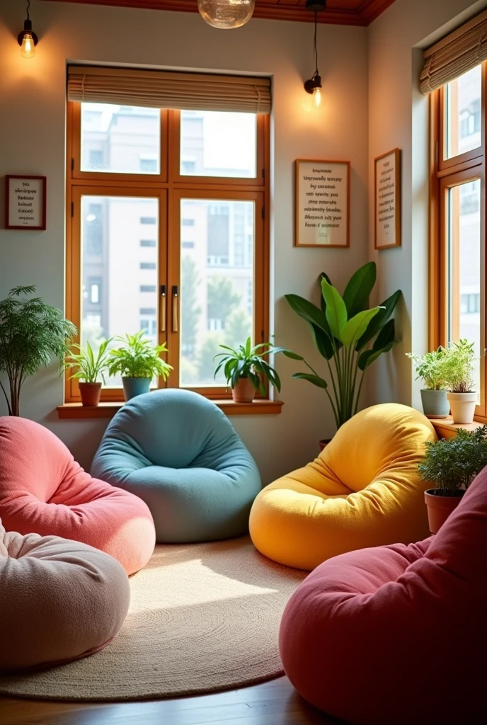 Cozy room with beanbags for social worker meetings