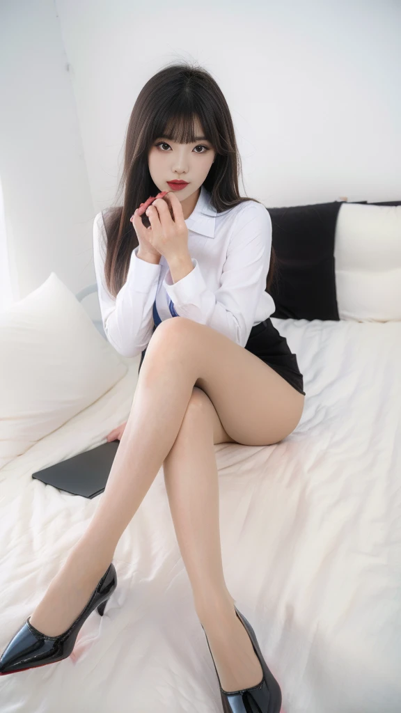 high quality, realistic, 1 Korean woman, Very pretty face, slim and nice body, sexy top, mini skirt, luxury bag, Sitting in front of the mirror in her room and doing makeup, manicure, pedicure, nail art, anklet, apply lipstick while looking in the mirror, Sitting with your legs crossed in a sexy way, nude pantyhose,  side view