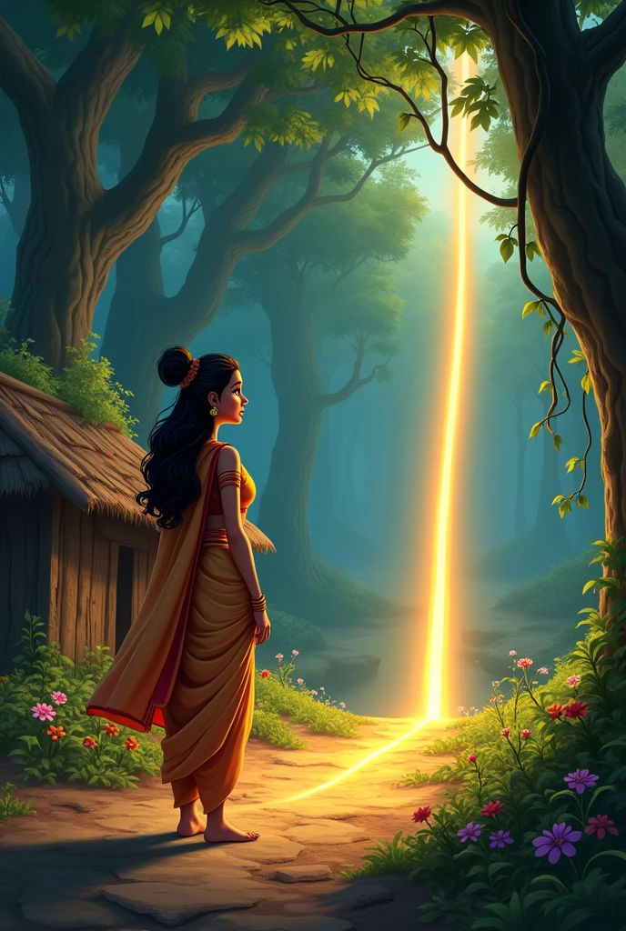 In the cinematic 3D cartoon"Sita is standing near a small hut in a dense, ancient forest. Sita is depicted as a beautiful and graceful woman dressed in traditional Indian attire, with a worried expression on her face. In front of her, there is a glowing line on the ground, known as the "Laxman Rekha," which she is about to step over. On the other side of the line, a figure disguised as a beggar (Ravana in disguise) is seen, with an evil, cunning look in his eyes. The forest is lush, filled with tall trees and thick foliage, adding a sense of depth and mystery to the scene. The atmosphere should feel tense, capturing the moment just before Sita steps over the line."