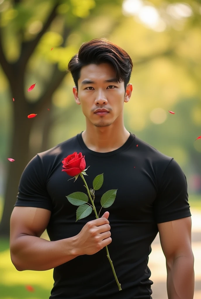 Muscular Korean man in love, holding a rose
