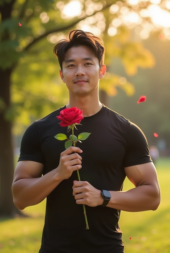 Muscular Korean man in love, holding a rose