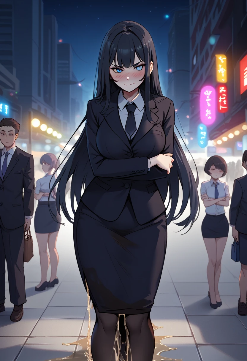 1girl, woman, (wetting self:1.75), desperation, (very long hair:1.5), straight hair, medium bangs, huge breasts, black hair, blue eyes, (black business suit:1.5), necktie, pencil skirt, pantyhose, (blushing:1.5), aroused, orgasm, smirk, wavy mouth, trembling, (arms crossed:1.5), city, street, crowd, night, futuristic, colorful lights, colorful city