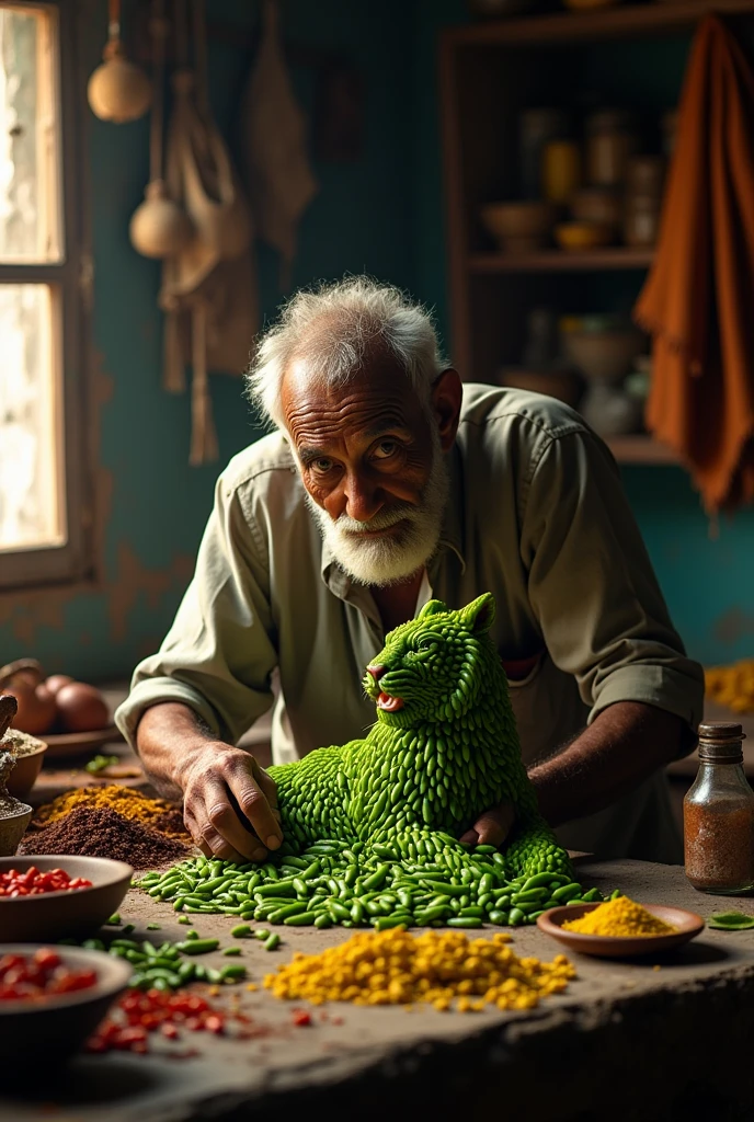 Indian poor oldman a making big tiger out of green chilli