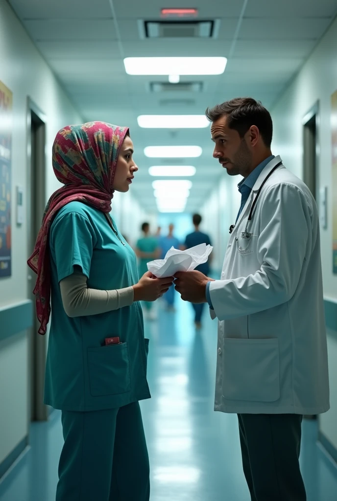 A nurse with a hijab is nervously arguing with a doctor with documents in her hand