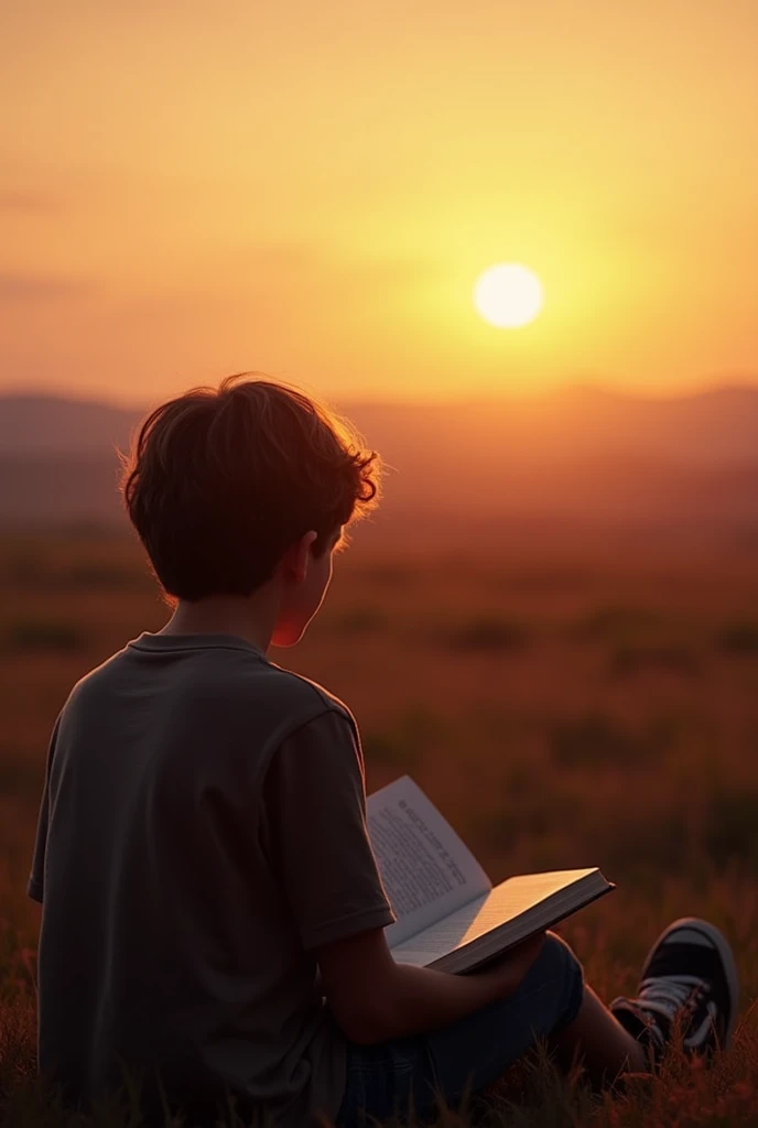 boy, light-brown hair,contemplative expression, The Outsiders, sit back to the camera, book , sunset