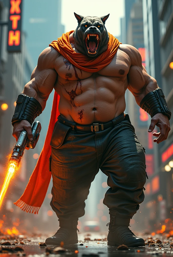 (Masterpiece:1.2),(Highest quality),(Superb details),(Ultra high resolution),(best illustrations)Highly detailed,film,cinema,gentle,realistic,gentle,Masterpiece,wound,wound,bleeding,Cyborg,CyberPunk Demon Bulldog, strong, humanoid shaped,aggressive,Krosh Hok Hak,Powerful,strong,Bright orange-red scarf,Big muscles,6-pack,wound,wound,bleeding,weapon,Dynamic Action Firehand,Mouth shouts,angry