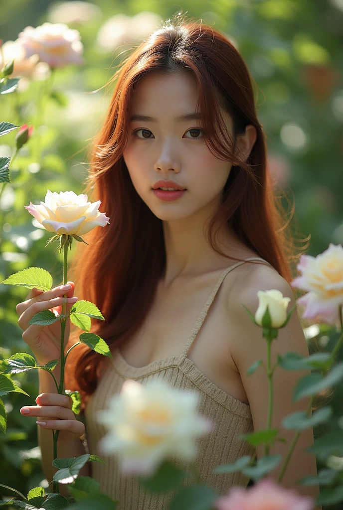 Taiwaness Long maroon hair, blue eyes, serious features, real skin, big breast, perfect body, seductive face, beautiful teeth smile, smiling, open mouth, loose style, in a garden, with flowers , in the forest ,jeju Korea, half body, She held a white rose in her hand,small breast