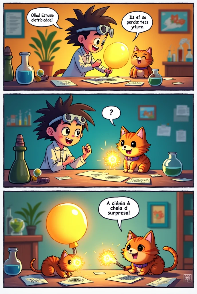 Make a story in 5 comics of a physical experiment of electrification by friction with captions in balloons in Portuguese