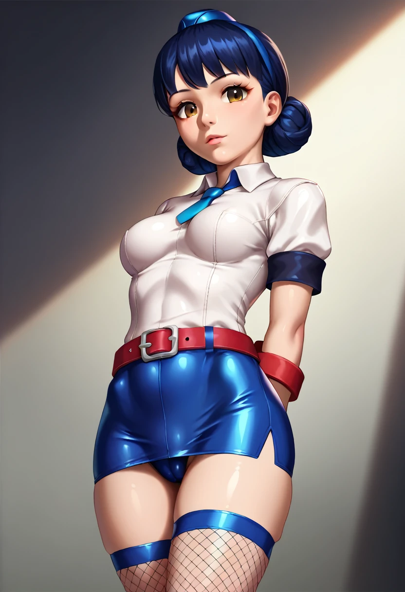 masterpiece, anime style, fashion styled photo, detailed eyes, (full body shot:1.2), 8k, (skinny body:1.2), curvy, (hands behind her back:1.2), seductive pose, looking at viewer, young , beautiful eyes, realistic lighting, detailed outfit, realistic facial features, hyper detail, (perfect angle, focus on face hips and breastegane:1.2), (very short dark straight hair:1.3), medium breast, micro blue tight skirt, very tight white shirt, short sleeves, collared shirt, belt, eyelashes, high white fishnet stockings, dollsuit