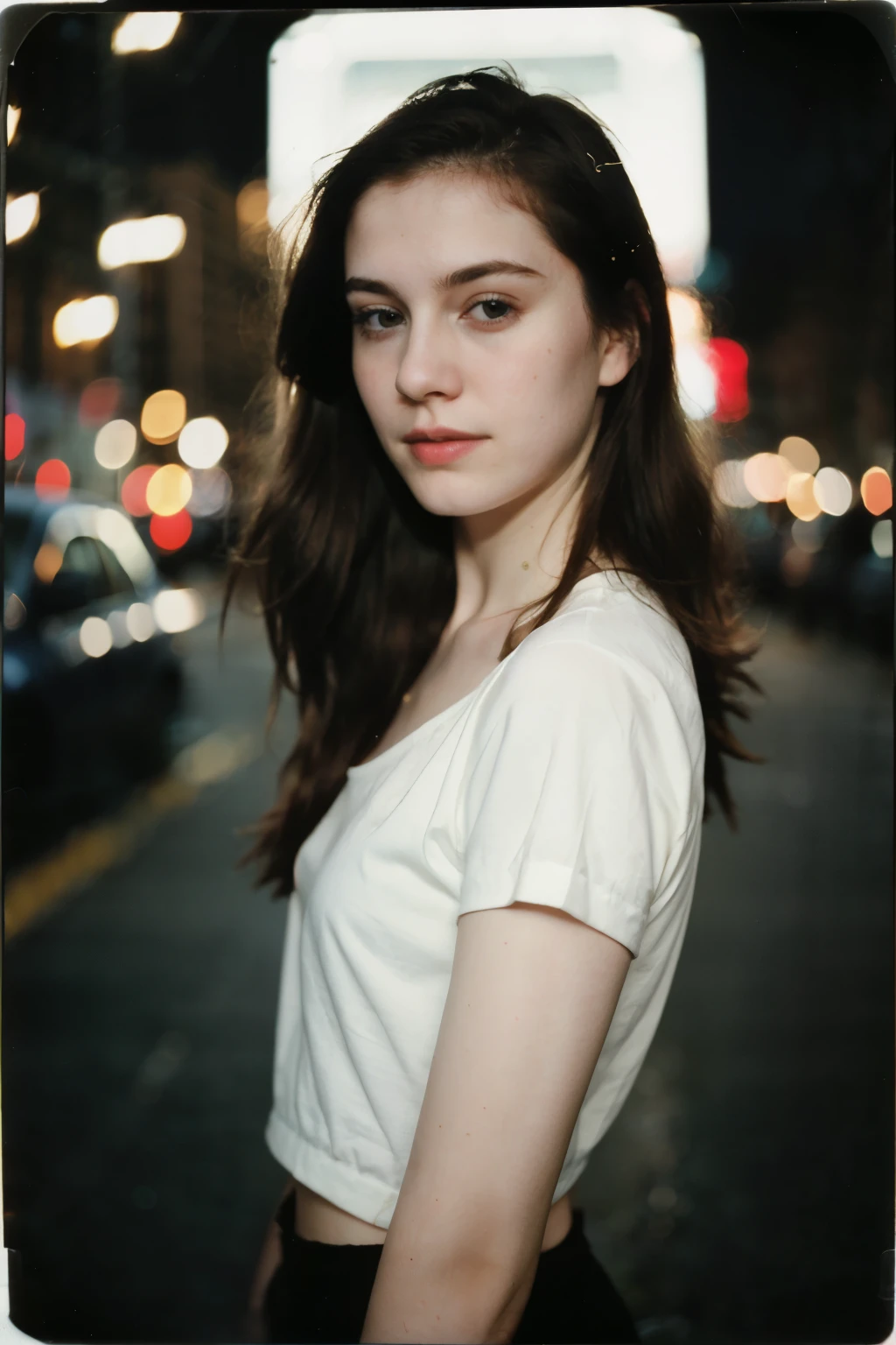 polaroid photo, night photo, 24 year old photo.oh beautiful woman, pale skin, bokeh, motion-blur