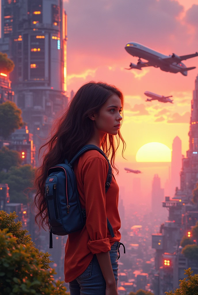 make me a picture of myself (brunette girl with long hair) Make me another one with the same story, but with a more tanned and younger girl, with a sci-fi story, more tanned and younger. I am 13 years old.