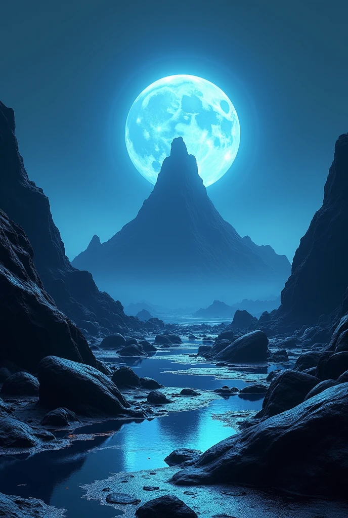masterpiece, best quality, cinematic photo of Cyber sci-fi style, close-up of a mountain in the distance with a blue moon in the background, stunning alien planet landscape, black rocks with a glowing black mechanical platform on the ground, surreal 3d landscape style, rendered in cinema4d style, minimalist stage design, layered surface, photograph, film, highres