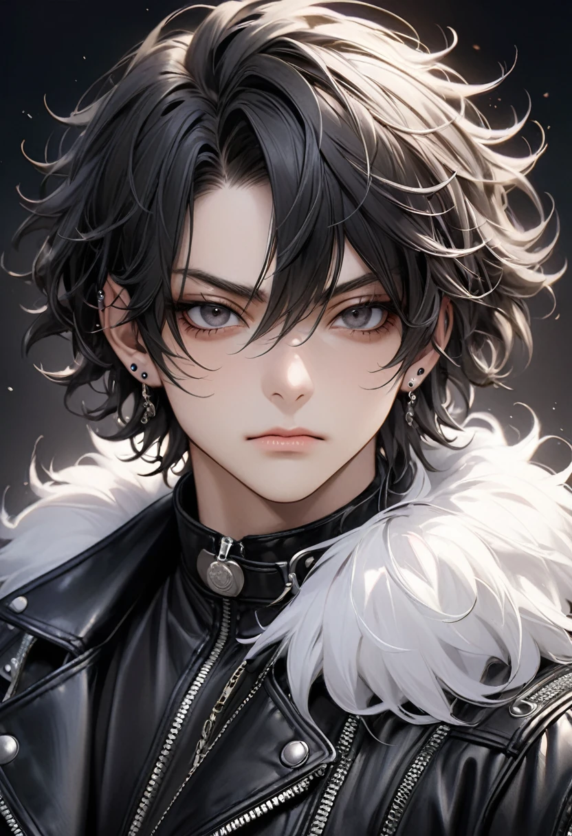 Ultra-high resolution,(Realistic:1.4), ((Highest quality)), ((masterpiece)), Black hair, ruffled fluffy hair, curly hair, Short Hair、Flowing bangs、black eyes, Cool guy, biker、Close-up、adultの歳,Short bangs,Cool piercings,Sparkling、Sidelong glance、Alluring、adult、looks strong、Visual Kei、Handsome、HYDE、Droopy eyes、Singing、Charisma、juvenile、Beardless、Droopy eyes, mascular, leather jacket, biker attire and gear, serious expression