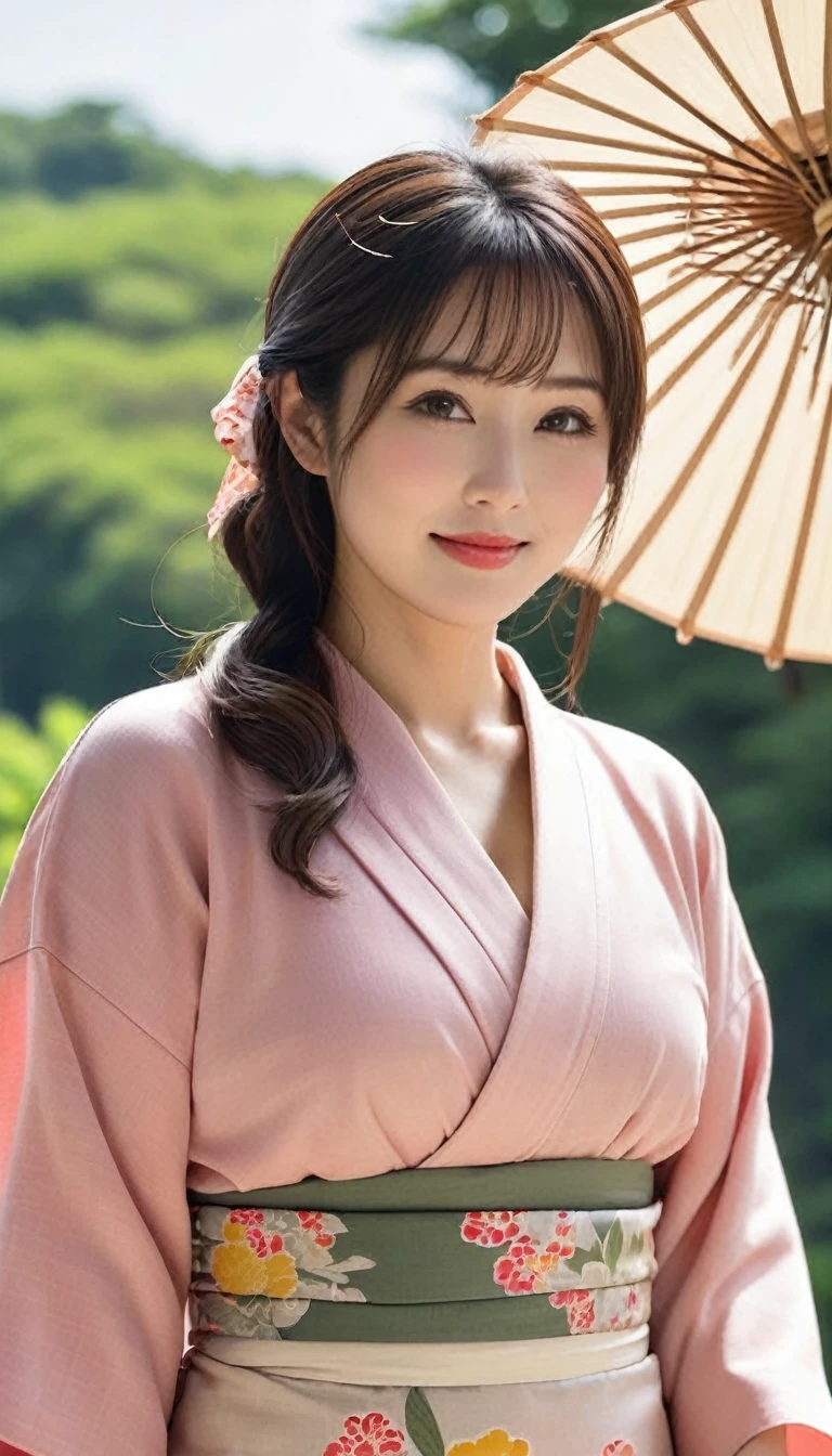 masterpiece,Highest quality,wonderful,(Mature Woman:1),(Mature Woman:1.3), (50歳のMature Woman.1.3)(((Very large breasts)))、(((Big big boobs)))、(((Big big cleavage)))、【(((Chubby body type)))】、{Japanese countryside(Rice field footpath)}、Cute Smile、Well-tanned skin、Delicate and precise skin texture、(Plump figure)、disheveled brown hair、Japanese women、(Big Ass)、Thick thighs、Bright red lips、Thick upper arms、Wearing an old yukata with a sober color、