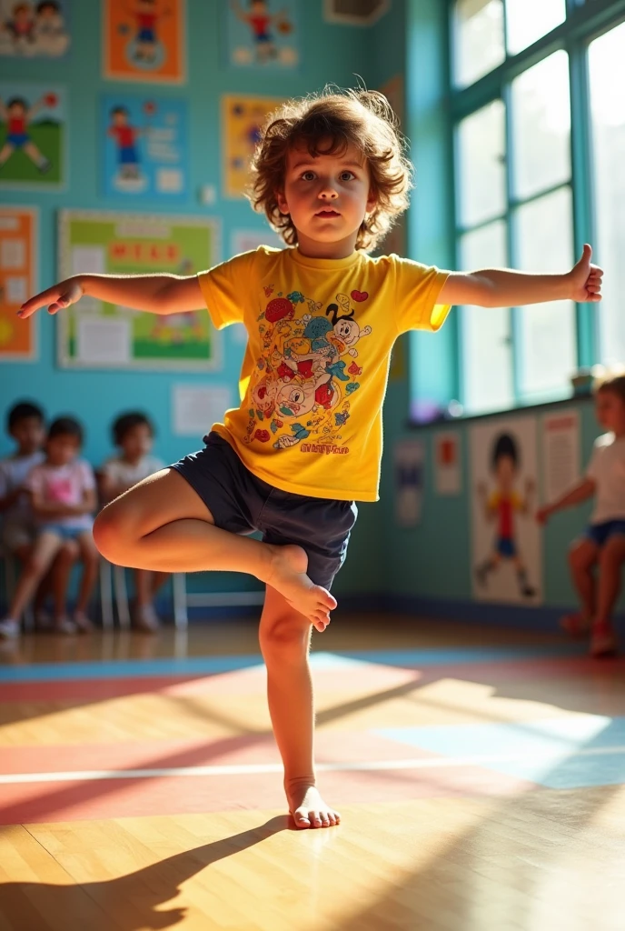 An elementary school student doing a 'M' shaped leg split.