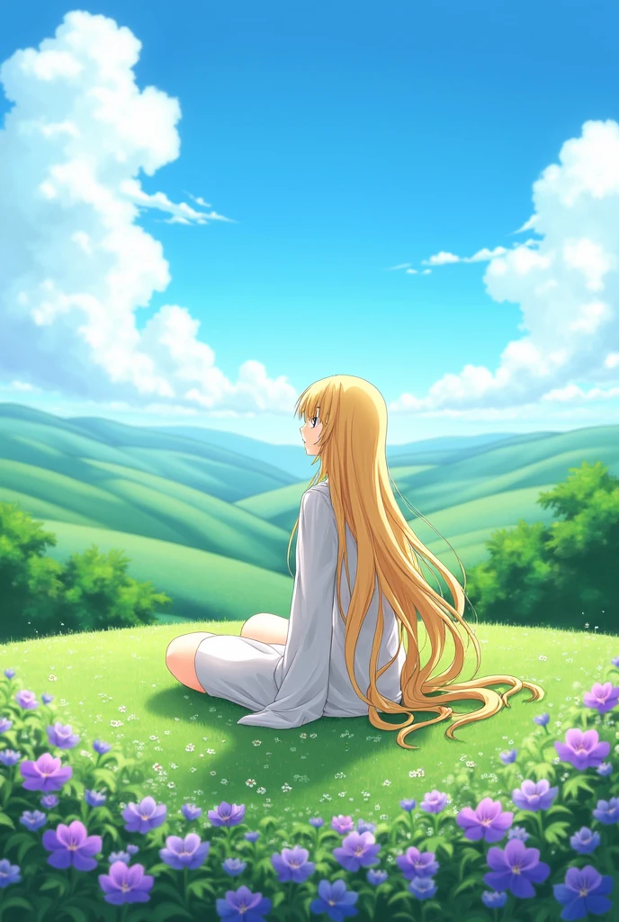 Create an image of a female anime character with blonde hair sitting on the grass, seen from the back, with purple flowers around and with a beautiful landscape around