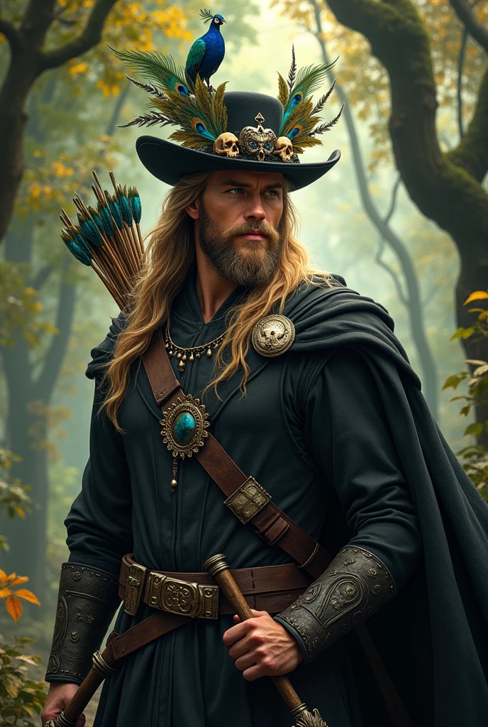 "Create a realistic male D&D character with long blonde hair and green eyes, resembling Marvel's Thor but with a slightly fuller beard. He wears a black hat with a flat brim, adorned with a mix of animal skulls, bones, peacock feathers, pheasant feathers, macaw feathers, parrot feathers, and lion teeth hanging from it. Draped around his shoulders is a black velvet hooded cloak, adding an air of mystery and power to his appearance. He carries a bow and quiver of arrows, ready for any challenge that comes his way."

