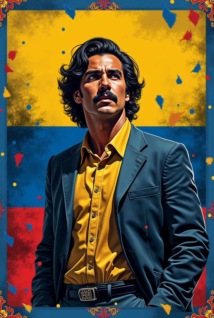 Create a flag with a blue border and the rest with the colors of Colombia, and Pablo Escobar in the middle