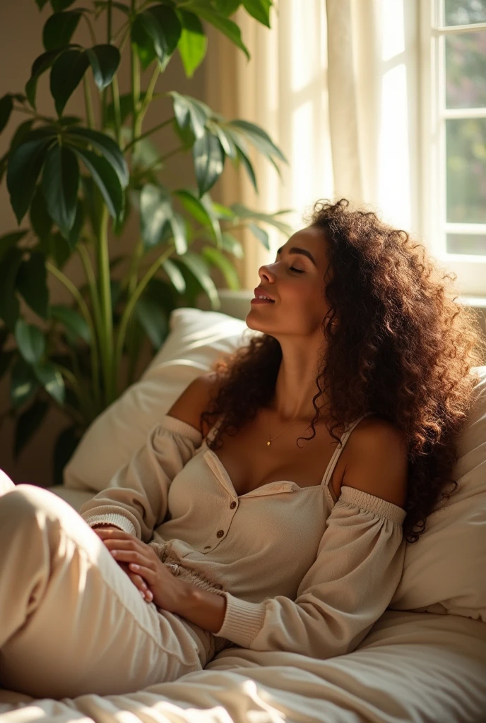 (photorealism:1.2), beautiful woman, sitting on bed, wearing loose off-shoulder top, pajama pants, long curly hair, indoors, soft lighting, plants in background, window with sunlight, cozy room, relaxed pose, realistic, intricate details, warm colors, by Greg Rutkowski, by Alphonse Mucha