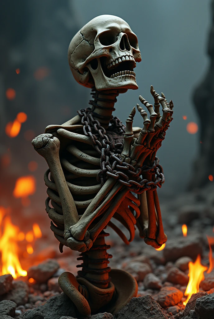 Dying skeleton being tied with chains, rock style, including fire and ashes