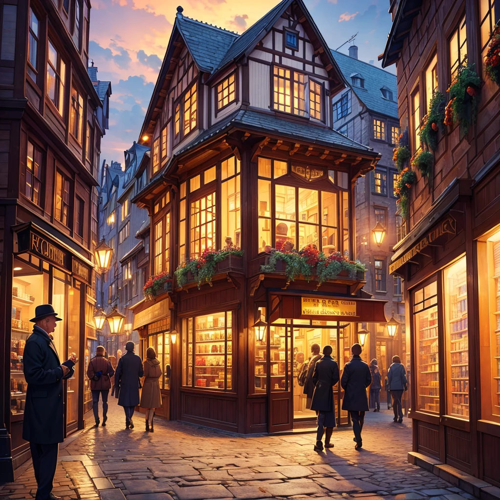 A detailed, crowded street scene in a European city, a charming old-fashioned shop front with a large display window, intricate architectural details, cobblestone street, people walking by, warm lighting, vibrant colors, photorealistic, 8k, highly detailed, masterpiece