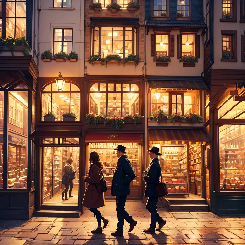 A detailed, crowded street scene in a European city, a charming old-fashioned shop front with a large display window, intricate architectural details, cobblestone street, people walking by, warm lighting, vibrant colors, photorealistic, 8k, highly detailed, masterpiece