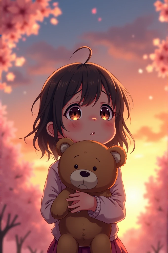 Young anime girl looking up with tears holding a teddy bear 