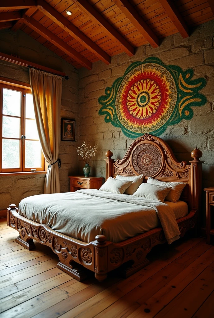 Could you create a rustic bed in the shape of an icosahedron inside a room?, with mandalas behind the bed