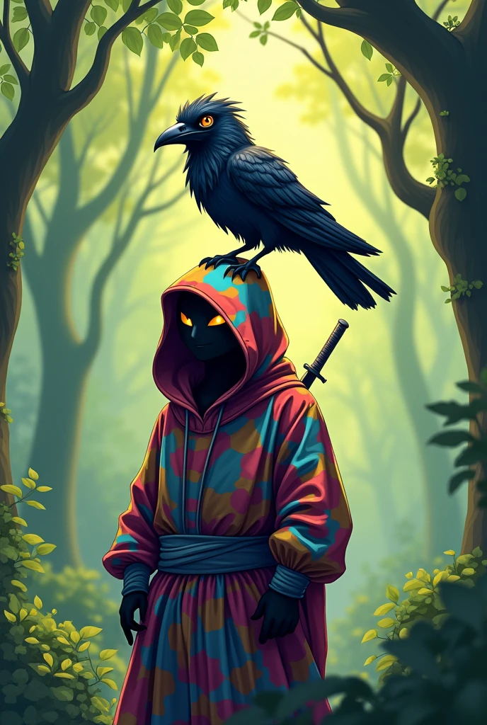 a cartoon-style human assassin crow alongside a ninja wearing chameleon clothing
