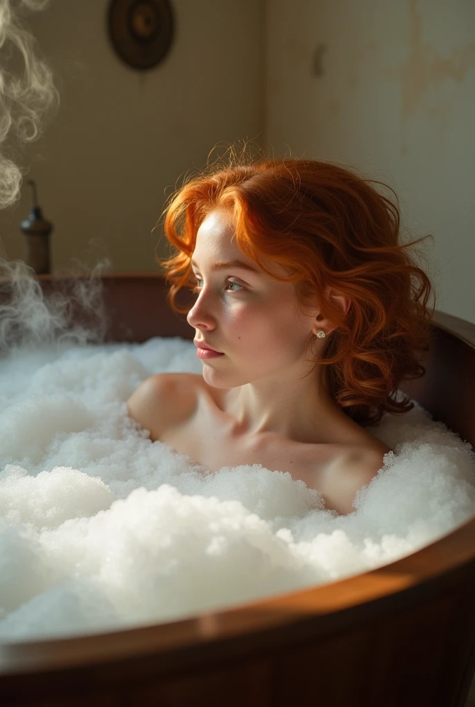 Redhead girl,looking at side. new, taking a bath in a large wooden tub. Soapy, Body camouflaged by steam. Lots of steam dispersed through the bathroom. 超detailded.  Provence. retro photography, David Hamilton Style. Analog photography. grainy. nymph