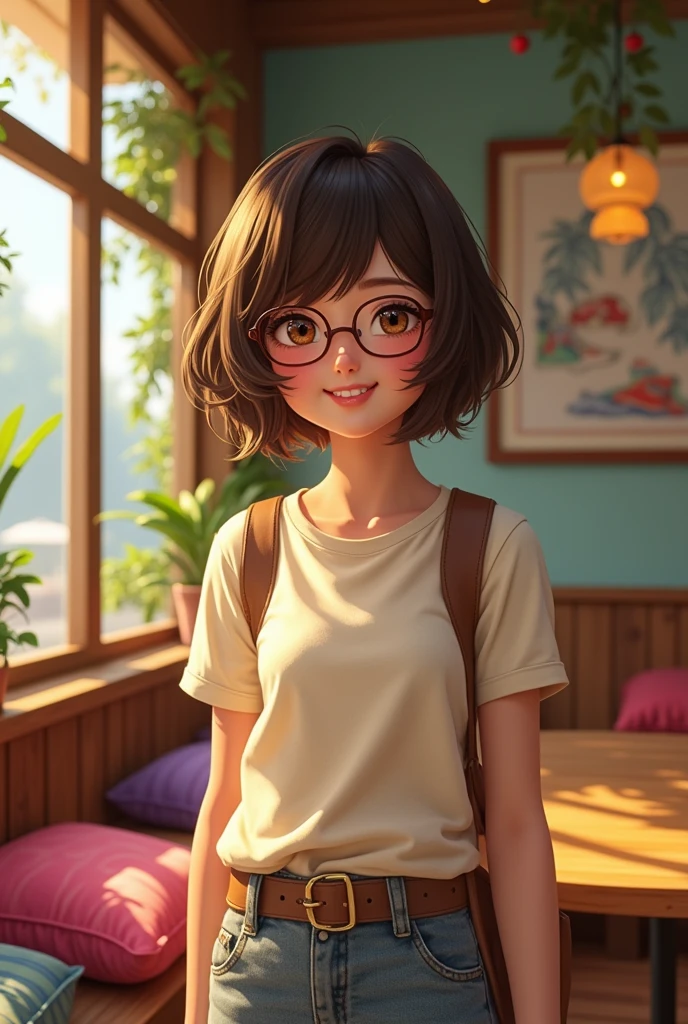 Short brunette girl with glasses and short hair