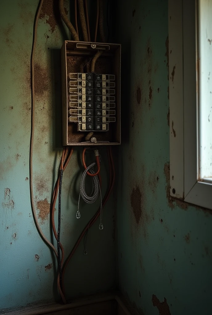 A photo of an electrical installation that is poorly installed and located in a humid place. Keep it simple, as if it were taken with a cell phone camera, and in a house.