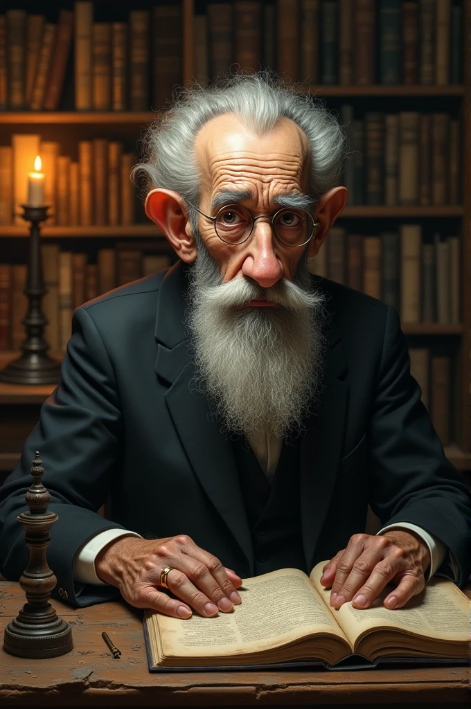 A thin Jewish face with an aureole of white hair and a goatee, an intelligent face that had nevertheless something despicable and a kind of senile foolishness that lent him his long nose