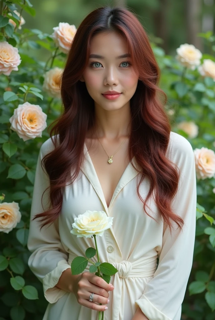 Indonesian Long maroon hair, blue eyes, serious features, real skin, big breast, perfect body, seductive face, beautiful teeth smile, smiling, open mouth, loose style, in a garden, with flowers , in the forest ,jeju Korea, half body, She held a white rose in her hand,small breast