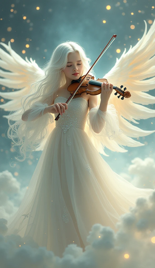 This image depicts a serene, ethereal scene featuring a delicate figure playing a white violin. The character appears otherworldly, with pale skin and long, flowing white hair adorned with intricate, shimmering accessories. The setting seems to be a dreamy, celestial environment, filled with soft, glowing lights that enhance the magical ambiance. The figure's clothing is equally ethereal, with light, translucent fabric that adds to the otherworldly, almost angelic feel of the image.