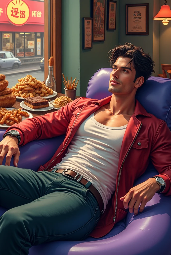 (masterpiece, Highest quality:1.2), alone, Men's Center, One person, Purple float, smile, View your viewers, Mole on neck, Jacket, Foodie, Food ,Huge muscles、Huge penis、Swollen nipples、A lot of fluid from the nipple、