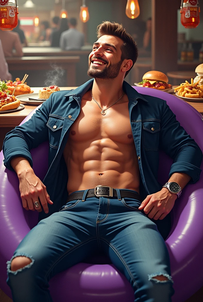 (masterpiece, Highest quality:1.2), alone, Men's Center, One person, Purple float, smile, View your viewers, Mole on neck, Jacket, Foodie, Food ,Huge muscles、Huge penis、Swollen nipples、A lot of fluid from the nipple、