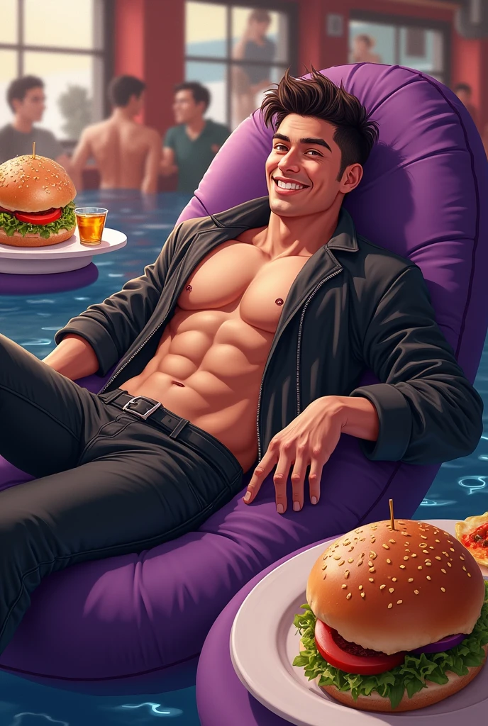 (masterpiece, Highest quality:1.2), alone, Men's Center, One person, Purple float, smile, View your viewers, Mole on neck, Jacket, Foodie, Food ,Huge muscles、Huge penis、Swollen nipples、A lot of fluid from the nipple、